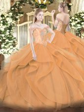 Sleeveless Tulle Floor Length Lace Up Vestidos de Quinceanera in Orange with Beading and Ruffles