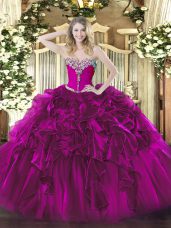 Fuchsia Sweetheart Neckline Beading and Ruffles Sweet 16 Dresses Sleeveless Lace Up