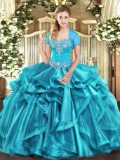 Aqua Blue Organza Lace Up Sweet 16 Dress Sleeveless Floor Length Beading and Ruffles