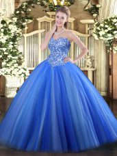 Tulle Sweetheart Sleeveless Lace Up Appliques Quince Ball Gowns in Blue