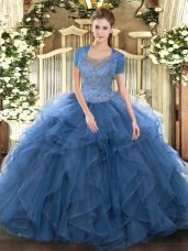 Hot Sale Floor Length Teal Quince Ball Gowns Tulle Sleeveless Beading and Ruffled Layers