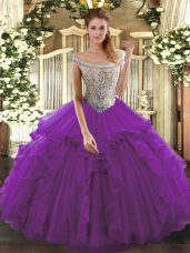 Eggplant Purple Off The Shoulder Neckline Beading and Ruffles Quince Ball Gowns Sleeveless Lace Up