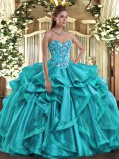 Hot Sale Teal Sweetheart Neckline Embroidery and Ruffles Vestidos de Quinceanera Sleeveless Lace Up