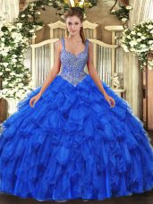 Beading and Ruffles 15 Quinceanera Dress Royal Blue Lace Up Sleeveless Floor Length