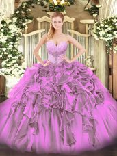 Fabulous Sleeveless Floor Length Beading and Ruffles Lace Up Quince Ball Gowns with Lilac