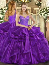 Straps Sleeveless 15 Quinceanera Dress Floor Length Beading and Ruffles Eggplant Purple Organza