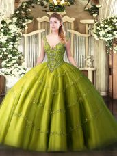 Classical Beading and Appliques 15 Quinceanera Dress Olive Green Lace Up Sleeveless Floor Length