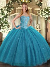 Teal Lace Up Sweetheart Beading Vestidos de Quinceanera Tulle Sleeveless