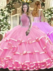 Graceful Rose Pink Lace Up High-neck Beading and Ruffled Layers Sweet 16 Quinceanera Dress Organza Sleeveless
