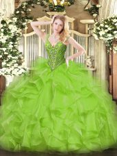 Floor Length Sweet 16 Dress V-neck Sleeveless Lace Up