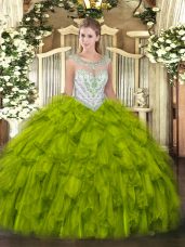 Custom Design Tulle Sleeveless Floor Length Ball Gown Prom Dress and Beading and Ruffles