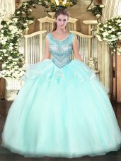 Floor Length Aqua Blue Ball Gown Prom Dress Scoop Sleeveless Lace Up