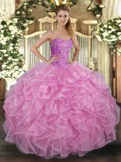Delicate Rose Pink Sleeveless Beading and Ruffles Floor Length Ball Gown Prom Dress