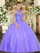 Beautiful Floor Length Lavender Quinceanera Gowns Tulle Sleeveless Embroidery