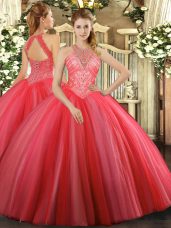 Coral Red High-neck Neckline Beading Quince Ball Gowns Sleeveless Lace Up
