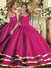Hot Pink Ball Gowns Ruffled Layers Quinceanera Gown Lace Up Tulle Sleeveless Floor Length