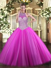 Fitting Fuchsia Sleeveless Beading Floor Length Ball Gown Prom Dress