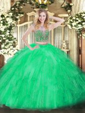 Sumptuous Green Sleeveless Beading and Ruffles Floor Length Sweet 16 Dress