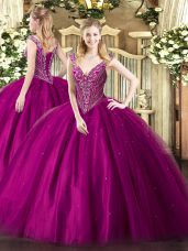 Sleeveless Floor Length Beading Lace Up Sweet 16 Dresses with Fuchsia