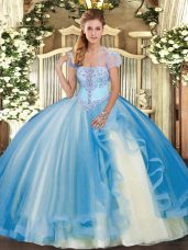 Tulle Strapless Sleeveless Lace Up Appliques and Ruffles Quince Ball Gowns in Baby Blue