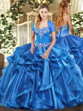 Baby Blue Organza Lace Up Sweetheart Sleeveless Floor Length Quince Ball Gowns Beading and Ruffles