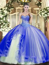 Edgy Blue Sweetheart Neckline Beading and Ruffles Vestidos de Quinceanera Sleeveless Lace Up