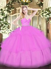 Amazing Lilac Tulle Zipper Quinceanera Dress Sleeveless Floor Length Beading and Lace and Ruffled Layers