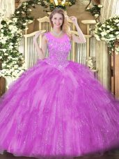 Attractive Lilac Ball Gowns Scoop Sleeveless Tulle Floor Length Zipper Beading and Ruffles Sweet 16 Quinceanera Dress