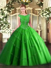 Green Sleeveless Floor Length Beading and Appliques Zipper Sweet 16 Quinceanera Dress