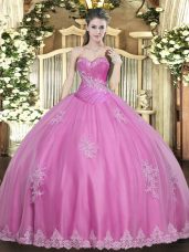 Adorable Rose Pink Lace Up Sweetheart Beading and Appliques 15th Birthday Dress Tulle Sleeveless