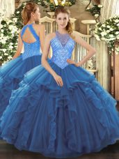 High End Blue Ball Gowns Beading and Ruffles 15 Quinceanera Dress Lace Up Organza Sleeveless Floor Length