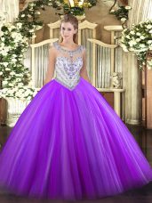 Graceful Floor Length Zipper 15 Quinceanera Dress Eggplant Purple for Military Ball and Sweet 16 and Quinceanera with Beading