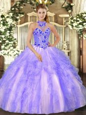 Beautiful Floor Length Lace Up Quinceanera Dress Lavender for Military Ball and Sweet 16 and Quinceanera with Embroidery and Ruffles