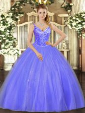 Floor Length Lavender 15th Birthday Dress Tulle Sleeveless Beading