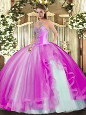 Popular Sleeveless Floor Length Beading and Ruffles Lace Up Quinceanera Dress with Fuchsia