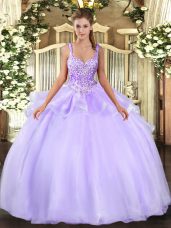 Traditional Lavender Straps Lace Up Beading Sweet 16 Quinceanera Dress Sleeveless