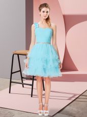 Custom Design Aqua Blue Lace Up Beading and Ruffled Layers Sleeveless Mini Length