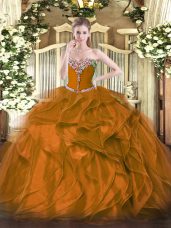 Brown Organza Lace Up Sweetheart Sleeveless Floor Length Sweet 16 Quinceanera Dress Beading and Ruffles