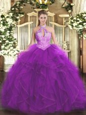 Best Selling Purple Sleeveless Ruffles and Sequins Floor Length Quinceanera Gown