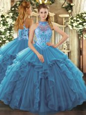 Teal Sleeveless Organza Lace Up Ball Gown Prom Dress for Sweet 16 and Quinceanera