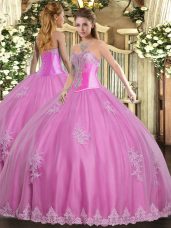 Clearance Rose Pink Lace Up Sweetheart Beading and Appliques Quinceanera Dress Tulle Sleeveless