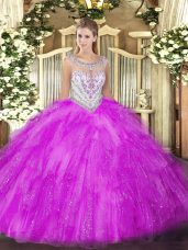 Beauteous Fuchsia Ball Gowns Scoop Sleeveless Tulle Floor Length Zipper Beading and Ruffles Quince Ball Gowns