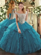 Custom Made Off The Shoulder Sleeveless Sweet 16 Dresses Floor Length Beading and Ruffles Teal Tulle