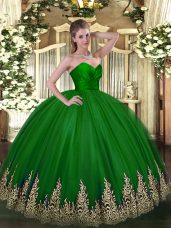 Stunning Green Zipper Sweetheart Appliques Sweet 16 Dresses Tulle Sleeveless