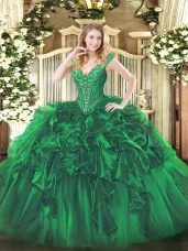 Vintage Sleeveless Lace Up Floor Length Beading and Ruffles 15th Birthday Dress