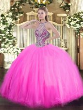 Suitable Rose Pink Lace Up Halter Top Beading Sweet 16 Dresses Tulle Sleeveless