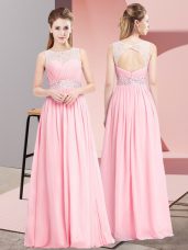 Floor Length Lace Up Homecoming Dress Pink for Prom and Party with Beading
