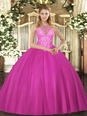 Fuchsia Sleeveless Floor Length Beading Lace Up Sweet 16 Quinceanera Dress
