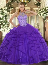 Affordable Purple Ball Gowns Organza Halter Top Sleeveless Beading and Ruffles Floor Length Lace Up Quince Ball Gowns