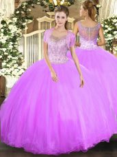 Fantastic Scoop Sleeveless Quinceanera Dresses Floor Length Beading Lilac Tulle
